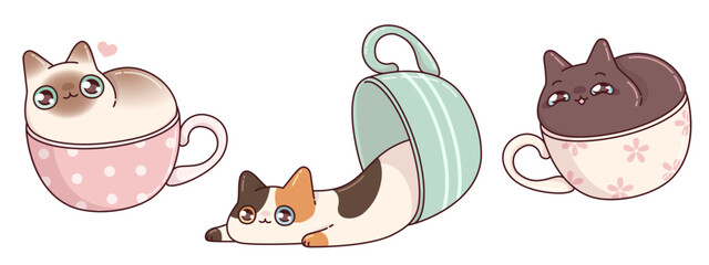 Kawaii cats in cups set isolated on white background. Contemporary vector cartoon illustration of cute kitten characters sitting and lying in mug, happy and tired pet, funny stickers for coffee shop © klyaksun