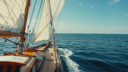 Fototapeta premium A sailboat gliding through calm waters under a clear blue sky.