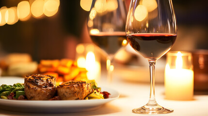 wine glasses paired with gourmet meals on a dining table