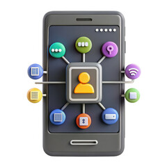 A 3D render of a smartphone displaying various app icons related to communication and security features, showcasing vibrant colors.