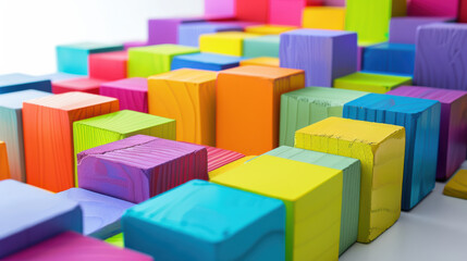 Obraz premium Colorful blocks create vibrant and playful scene, showcasing variety of shapes and hues that inspire creativity and imagination. arrangement invites exploration and fun