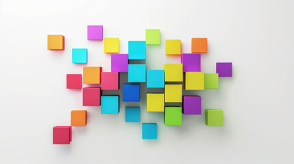 Colorful blocks arranged in creative pattern, showcasing vibrant hues of purple, blue, green, orange, and red. This artistic display evokes sense of playfulness and innovation