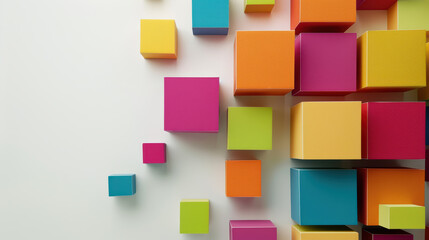 Colorful blocks arranged in creative pattern on white background, showcasing vibrant hues of pink, yellow, green, and blue. This artistic display evokes sense of playfulness and innovation