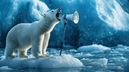 A polar bear stands on an ice floe, roaring into a megaphone against a glacial backdrop.