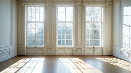 Empty Sunlit Room with Ornate White Molding and Large Windows .