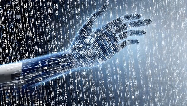 futuristic exploration of artificial intelligence with a binary code arm in isolated 3D space reflecting technology, learning, and human-machine connections