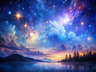 Naklejka premium Dreamy Night Sky Watercolor Double Exposure Photography with Stars and Celestial Elements for Ethereal Atmosphere