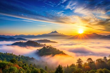 Obraz premium Serene sunrise over misty mountain range with calm sky and peaceful landscape from a worm's eye view