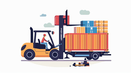 Naklejka premium Efficient warehouse operations are depicted with forklift loading boxes onto truck, showcasing busy logistics environment. scene emphasizes teamwork and productivity