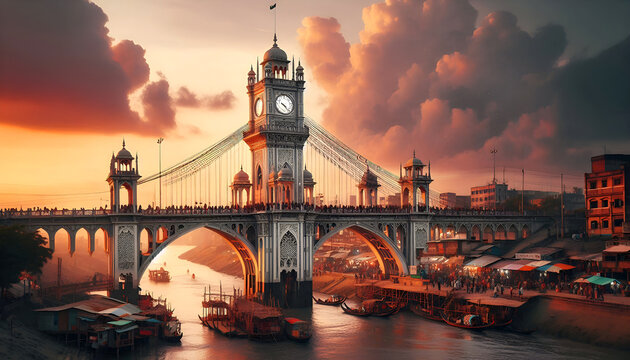 There is a clock tower with sky and building background and generative AI of red sky