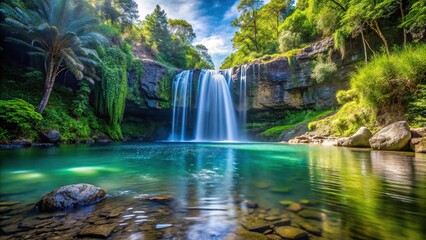 Fototapeta premium Serene waterfall cascading into a clear pool Worm's Eye View
