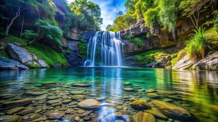 Serene waterfall cascading into a clear pool