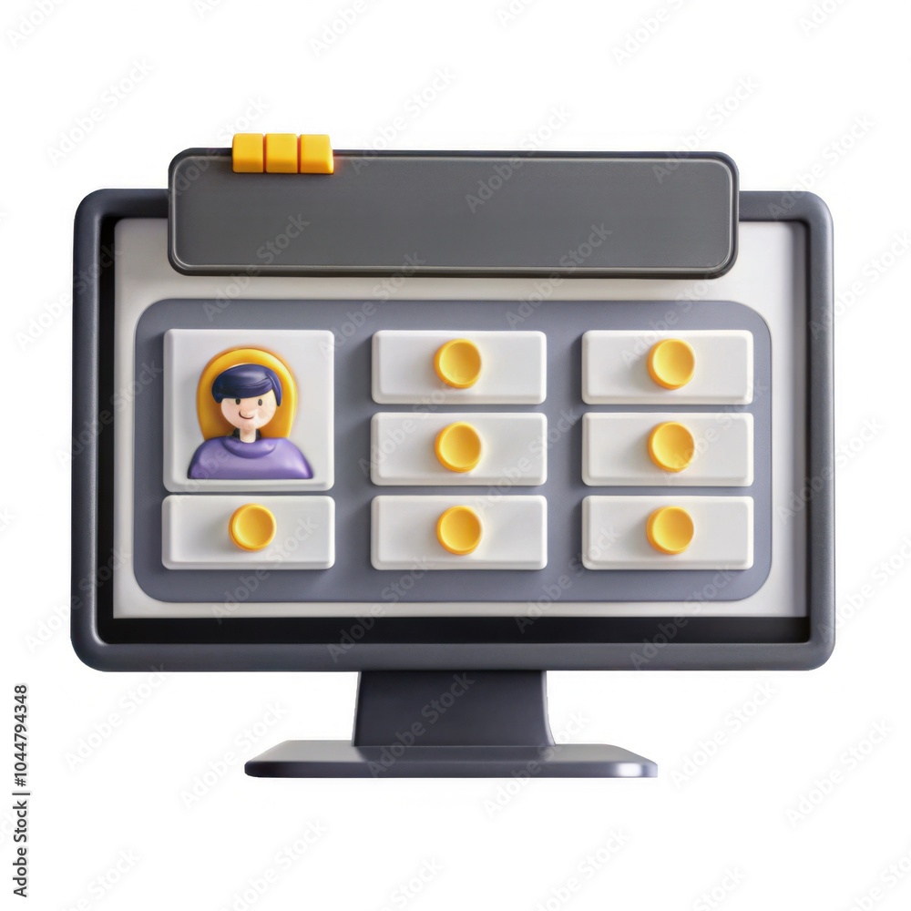Poster A 3D rendered computer screen displaying a user interface with buttons and an avatar, showcasing a modern design.