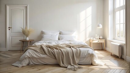 Serene white bedroom with unmade bed and soft beige blanket