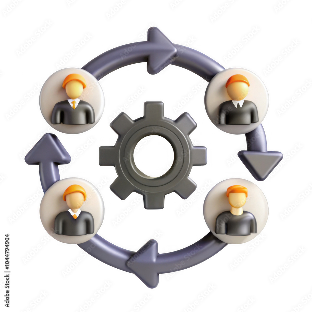 Poster a 3d render depicting a teamwork process with circular arrows and stylized figures in professional a