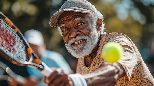african american senior man playing tennis with racquet and ball
