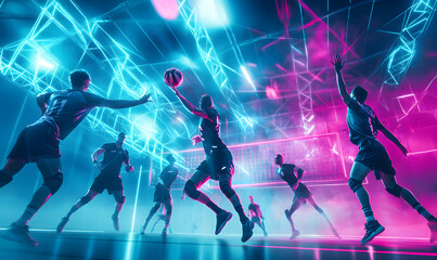 Dynamic Volleyball Action with Neon Lights and Abstract Geometric Patterns for Futuristic Sports Branding
