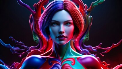 Fototapeta premium High Detail 3D Abstract Humanoid Female in a Dreamlike State Featuring a Dazzling Fusion of Blue Red Purple and Green Colors with Energy Radiating Effects in a Mysterious Dark Setting.