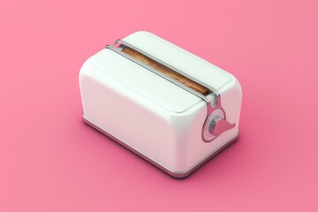 Retro-style toaster on a pink background with golden bread inside during midday