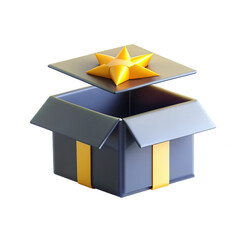 A 3D render of a gift box with a star-shaped lid, featuring a black base and a yellow ribbon. Ideal for celebration concepts and gifting.