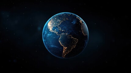 Fototapeta premium Realistic planet earth with vibrant colors and illuminated cities, dark space background.