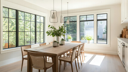 Fototapeta premium A bright and airy dining room featuring large wooden table surrounded by stylish chairs. Natural light floods in through expansive windows, creating warm and inviting atmosphere