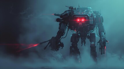 Military robot with tank metal armor on dark background, AI generated image