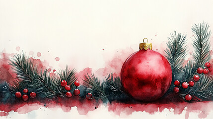 watercolor illustration clipart Christmas fir branch adorned with Christmas ornament  