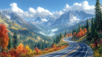 Fototapeta premium Serene mountain landscape with a winding road and autumn foliage.