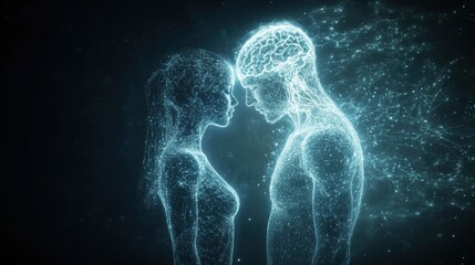 A digital couple stands close, illuminated by neural networks, representing the integration of human connection, emotions, and advanced technology in a futuristic world.
