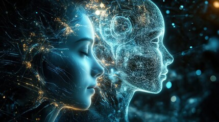 Naklejka premium A human face and a digital counterpart are intertwined with glowing neural networks, symbolizing the fusion of human consciousness and artificial intelligence. 