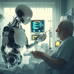 Humanoid AI robot taking care of a senior man in hospital and giving prescription. medicine and technology concept