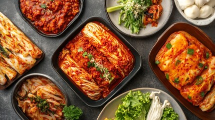 Traditional Korean Kimchi Side Dishes in a Kitchen Setting