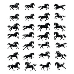 Set of Running Horse Silhouettes in Motion - Black and White Vector Illustrations of Galloping Horses