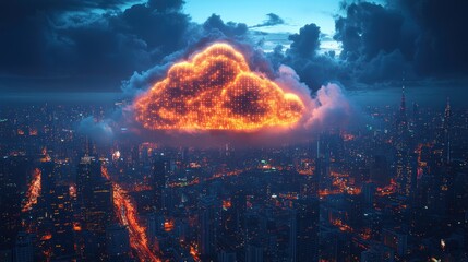 Fototapeta premium A fiery cloud hovers above a modern cityscape at night, casting an ominous glow.