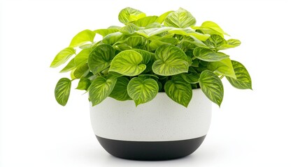 Bright green plant with intricate leaves, set in a simple, clean-lined pot, perfectly isolated on a white background, soft natural lighting