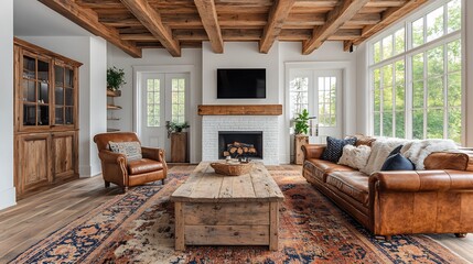 Rustic farmhouse living room with a large reclaimed wood coffee table brown leather armchair and woolen rug The white brick fireplace and wooden ceiling beams add a vintage charm