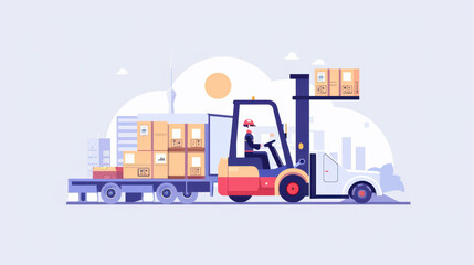 forklift operator loading boxes onto truck in urban setting, showcasing logistics and transportation. scene conveys efficiency and productivity in modern environment