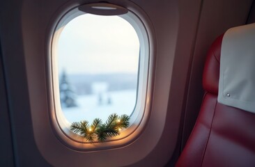 An airplane window framed with garlands, cozy holiday atmosphere