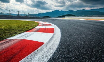 Race track corner with red and white markings.
