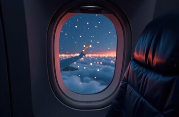 airplane window with a snow-covered landscape visible outside