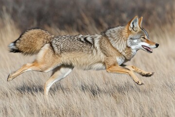 A stunning coyote gracefully leaps across the golden grasslands, capturing the essence of wildlife in motion with an air of freedom and vitality.