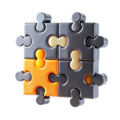 This image features a 3D rendering of interconnected puzzle pieces in shades of orange, yellow, dark, and light gray. Creative design with contrast.
