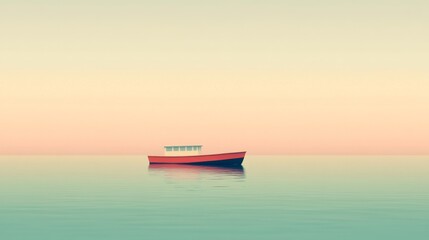 Naklejka premium A lone red boat sits on a calm, glassy sea with a pastel pink and orange sunrise in the background.