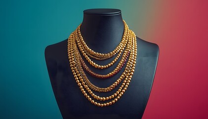 A stylish black mannequin torso showcasing layered gold necklaces against a bold color backdrop