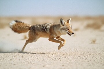 Obraz premium A Coyote Dashes Across the Open Desert, Capturing the Essence of Wild Freedom and Unmatched Agility in Nature's Arid Landscape.