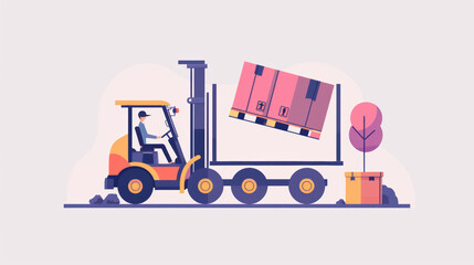 Efficient forklift operation with worker loading colorful boxes onto truck, showcasing logistics and transportation in modern style