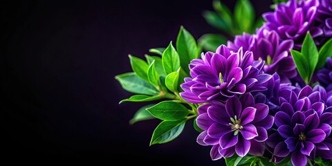 Vibrant purple flowers and green leaves in focus against a black background