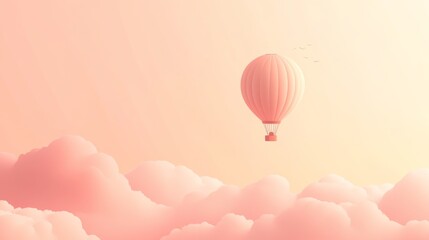 Obraz premium A single hot air balloon floats above fluffy pink clouds against a soft, pastel sky.