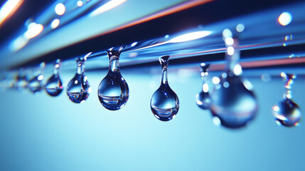 Droplets of water hang from metallic surface, reflecting light in mesmerizing display. clarity and detail of water droplets create captivating visual effect